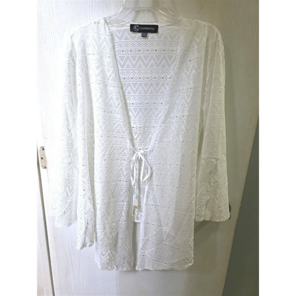 NWOT Charmosa M Open Front Mesh Kimono Swim Cover-Up White 125598